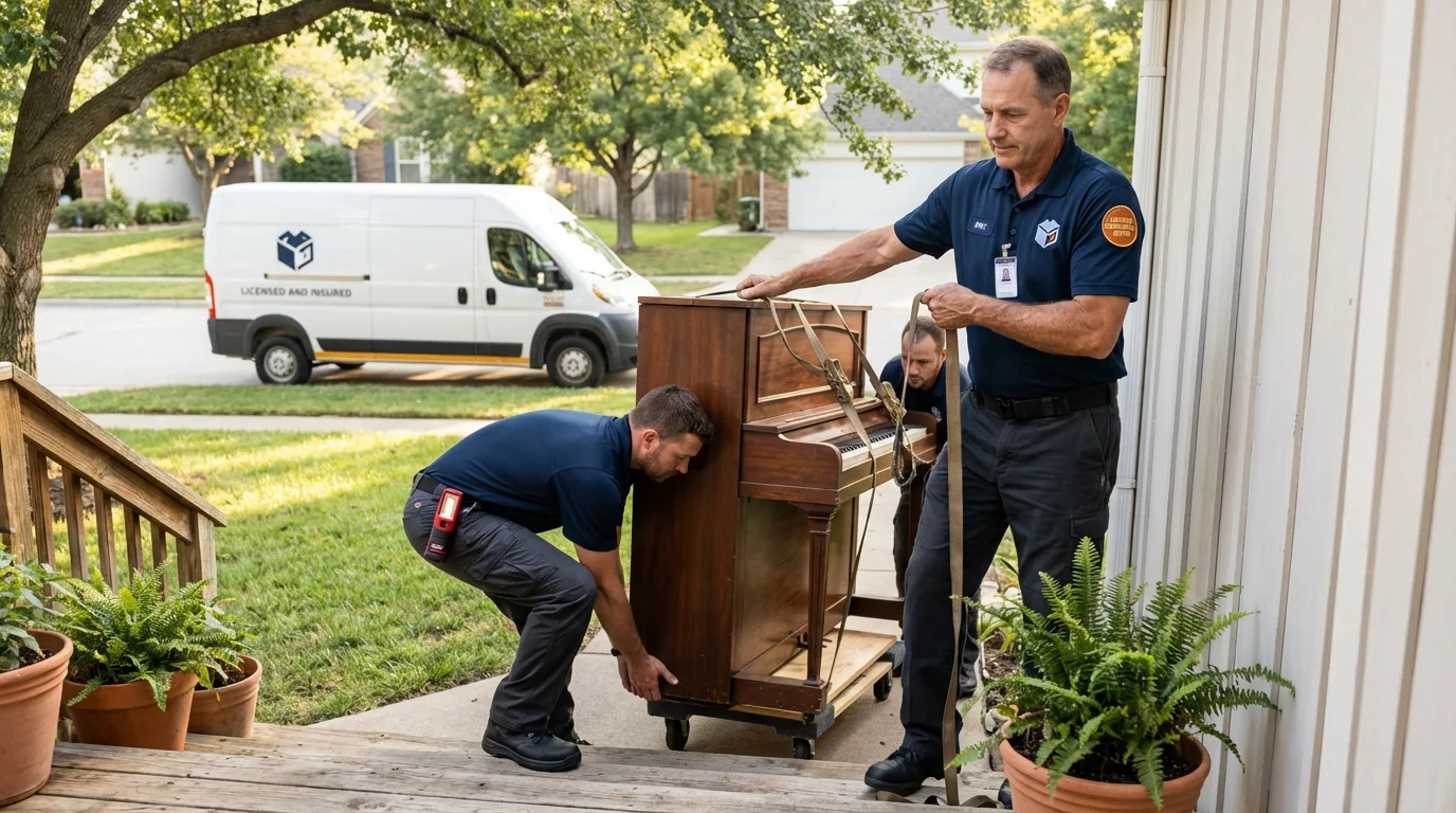 Licensed piano movers securing grand piano in Chillicothe, IL