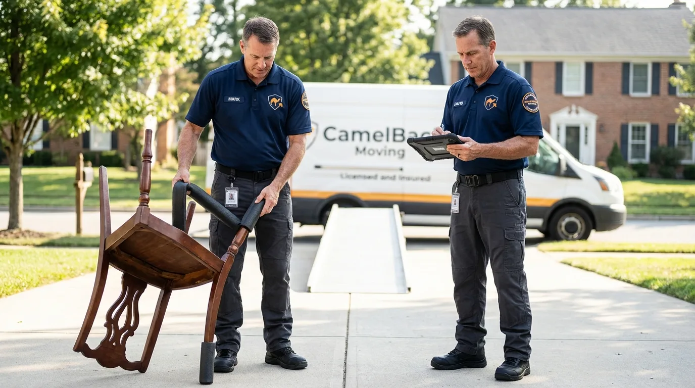 Movers inspecting furniture for damage prevention before loading in Chillicothe, IL