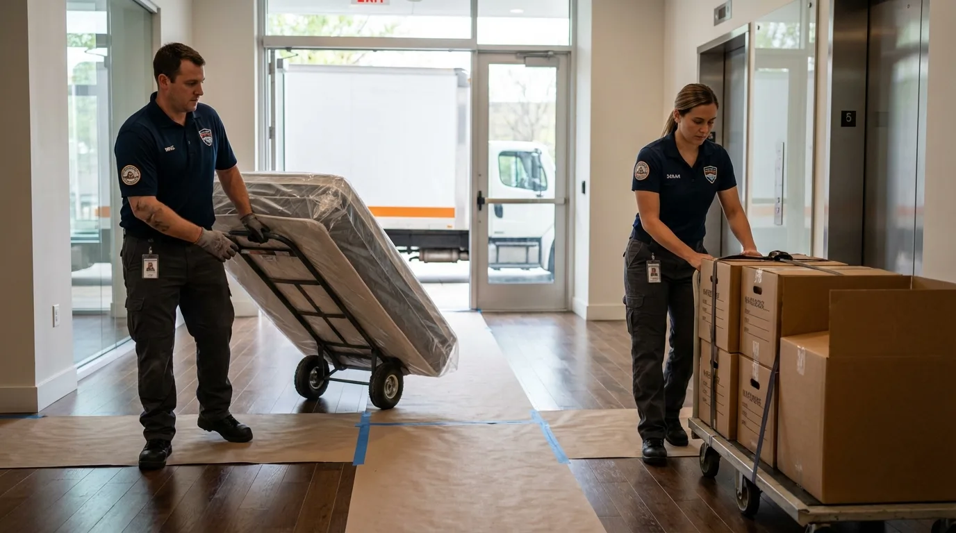 Professional apartment movers loading elevator in Chillicothe, IL